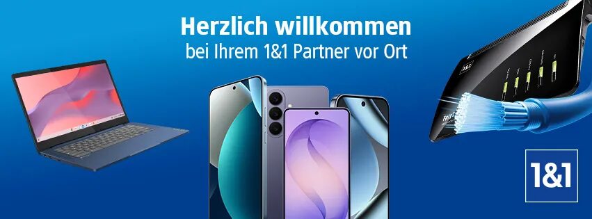 Header von 1&1: „Herzlich willkommen bei Ihrem 1&1 Partner vor Ort“, mit Laptop, Smartphones und Router