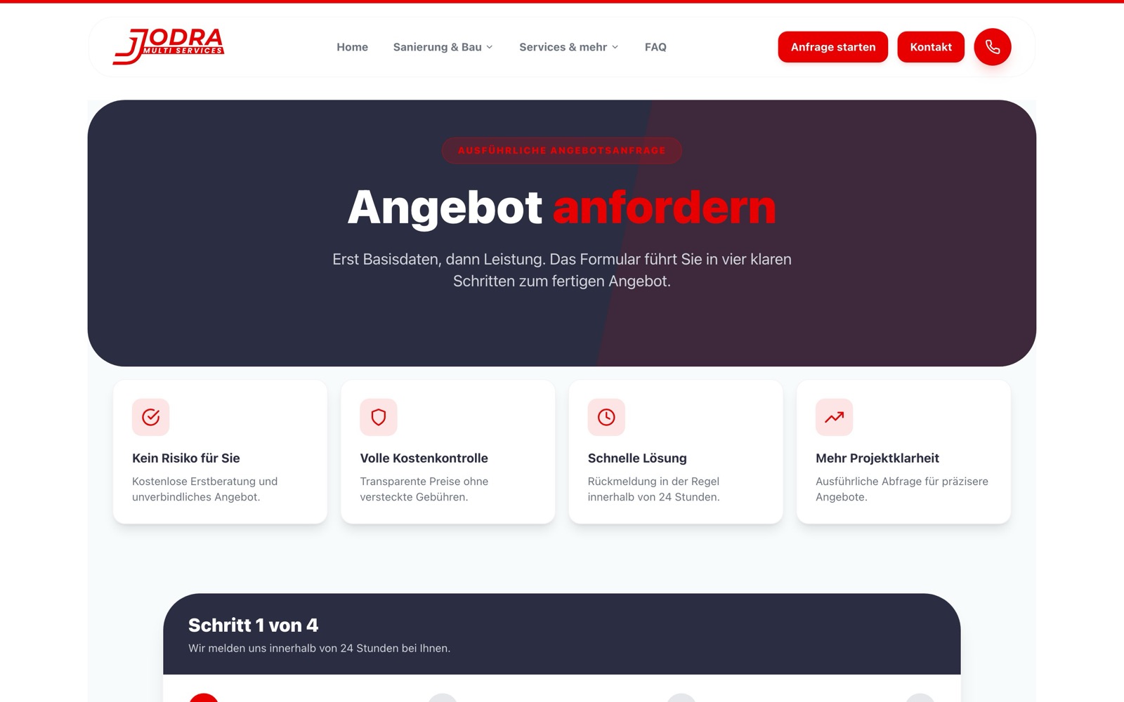 Vierstufiges Anfrageformular von Jodra Multiservices